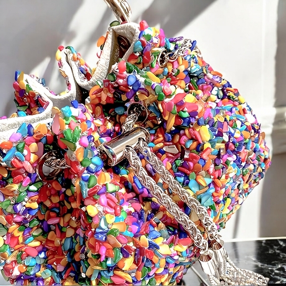🆕️Sparkling Multicolor Stone & Rhinestone Evening Clutch Colorful Bucket Bag ✨ - Picture 9 of 13